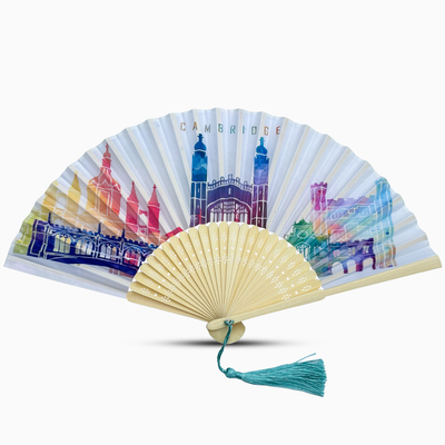 A white hand fan featuring a vibrant, colorful design, showcasing artistic patterns and details.