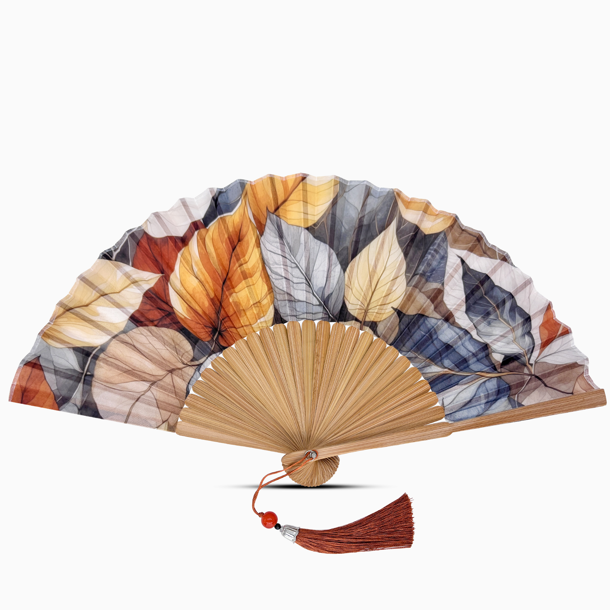 Handheld fan with leaf pattern on a white background
