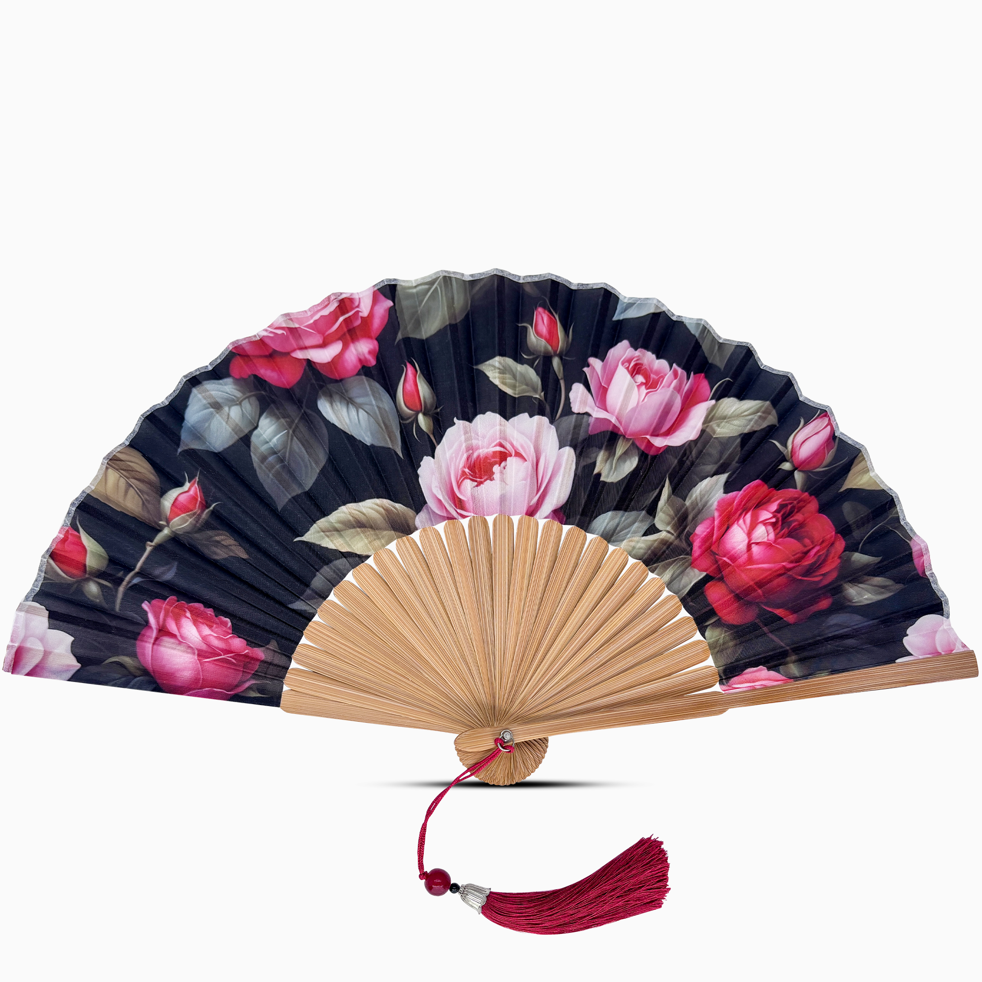 Handheld fan with floral design on a white background
