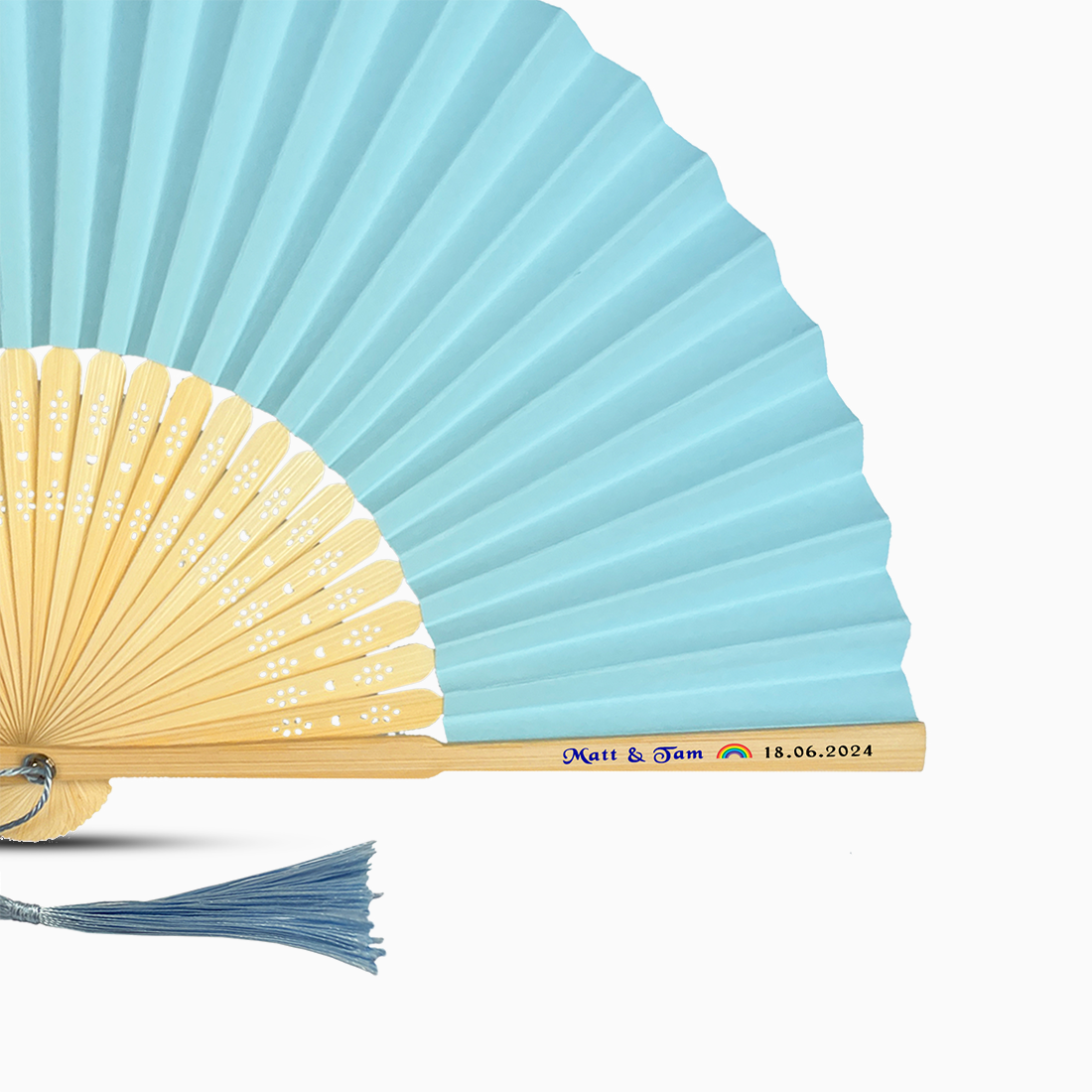 A Baby Blue solid color hand fan, featuring a personal message printed  on main rib.