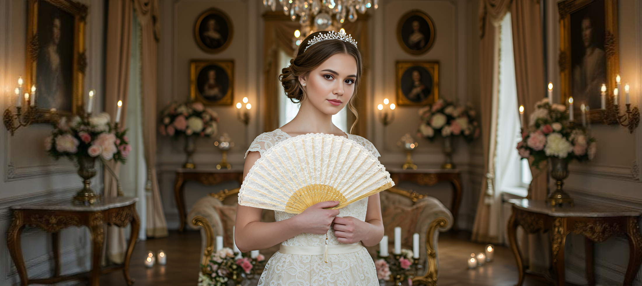 A beautiful bride in a wedding dress gracefully holds a hand fan, radiating elegance on her special day.