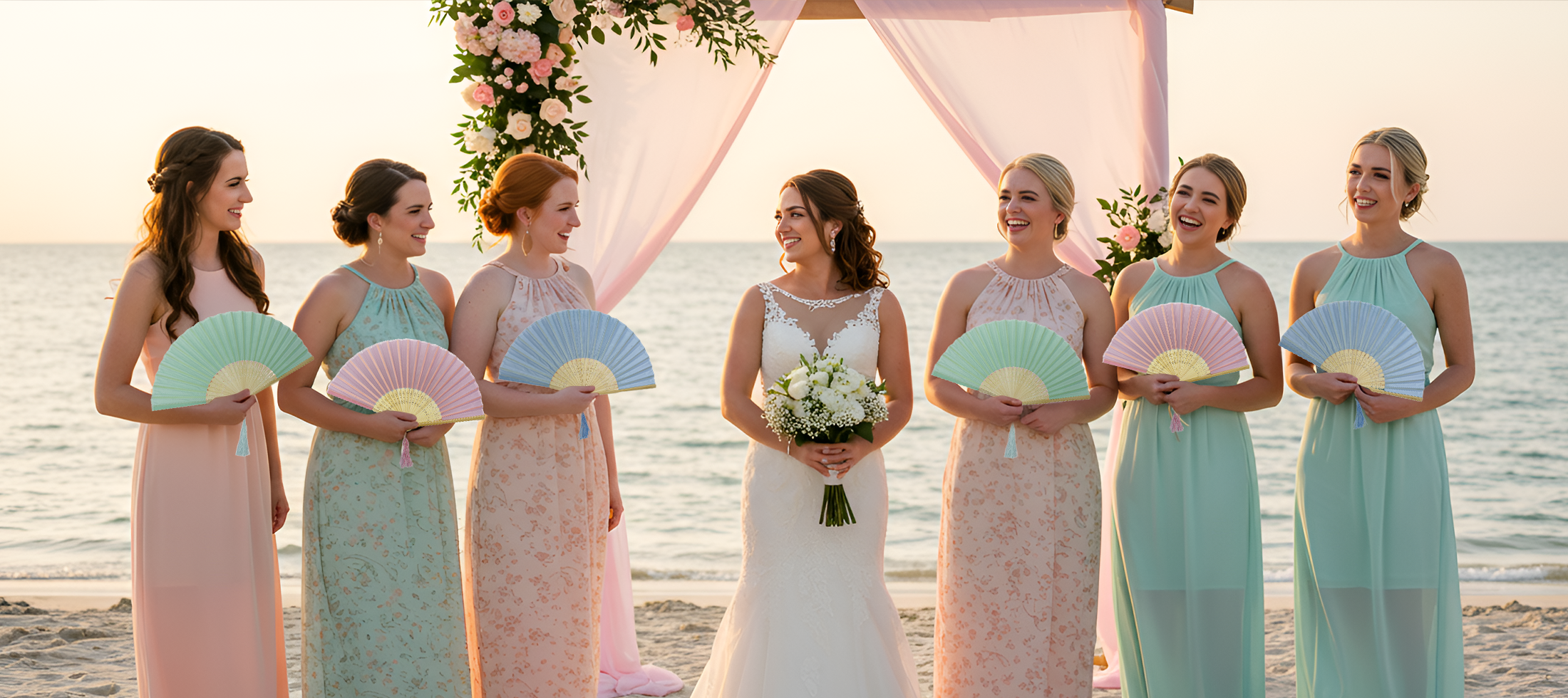 A bride and her bridesmaids stand on the beach, each holding a decorative hand fan, smiling in their elegant attire.