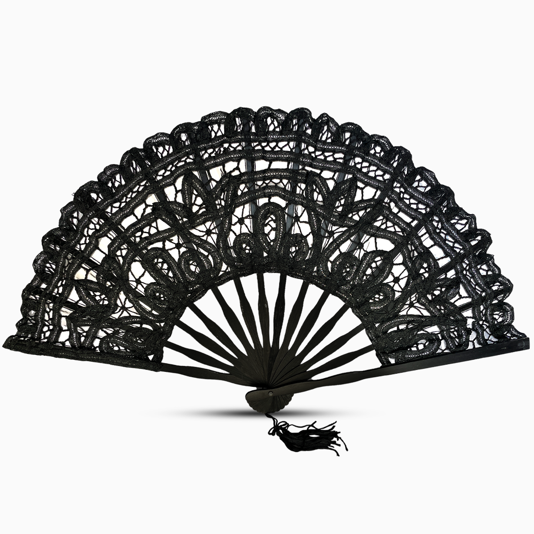 A black Battenburg lace hand fan, elegantly designed with intricate lace detailing along the edges.