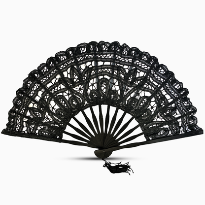 A black Battenburg lace hand fan, elegantly designed with intricate lace detailing along the edges.