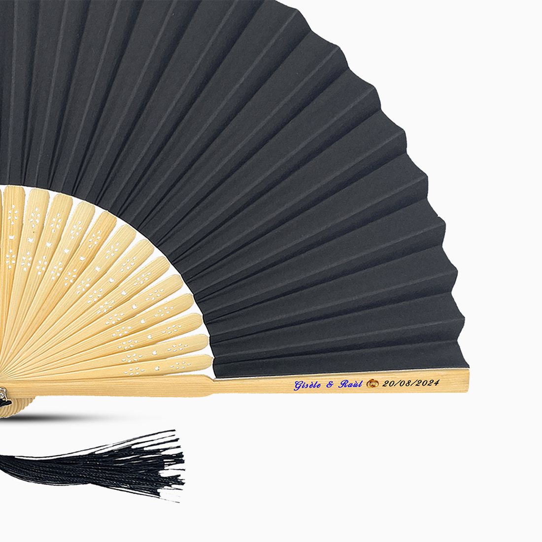 A Black solid color hand fan, featuring a personal message printed  on main rib.