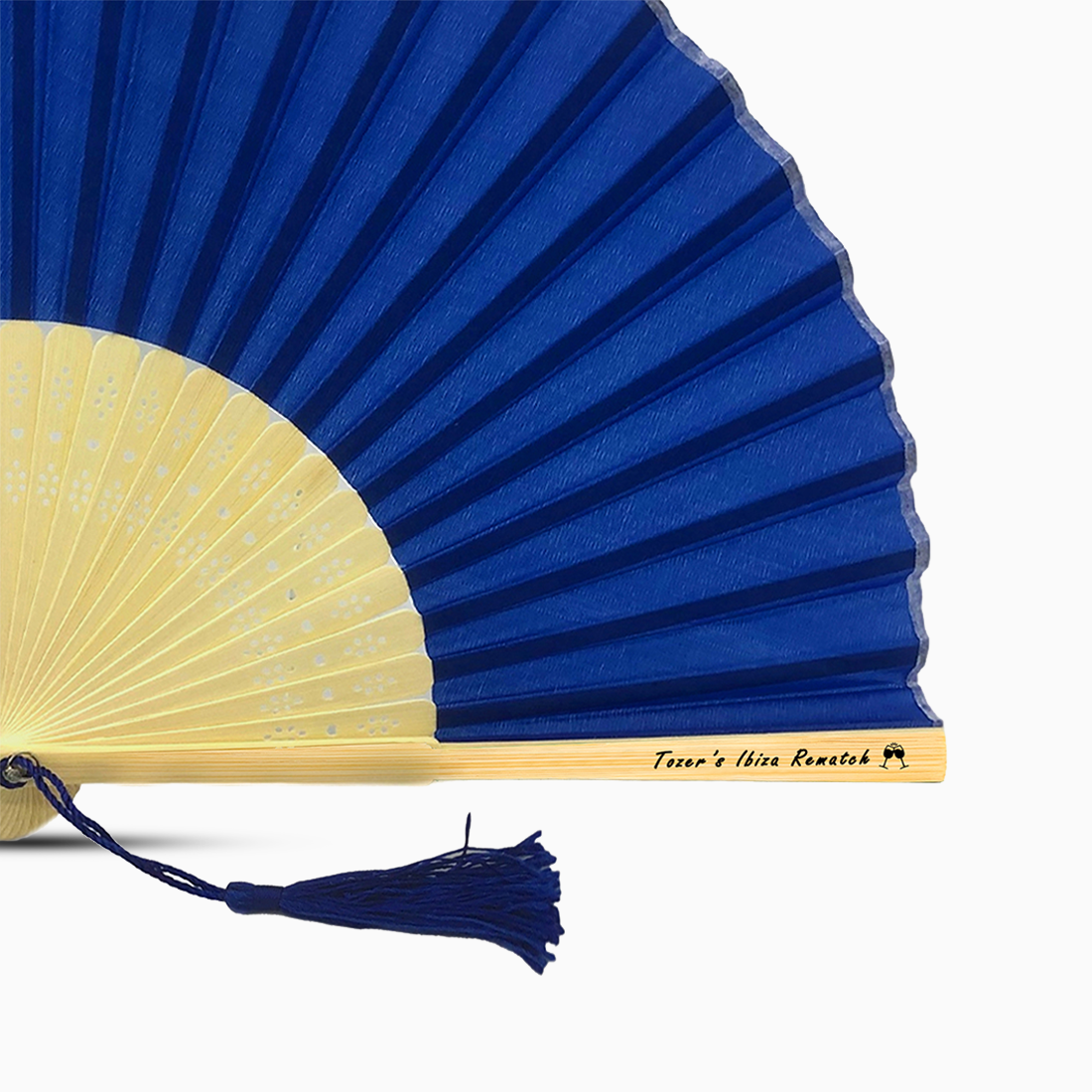 A Royal Blue solid color hand fan, featuring a personal message printed  on main rib.