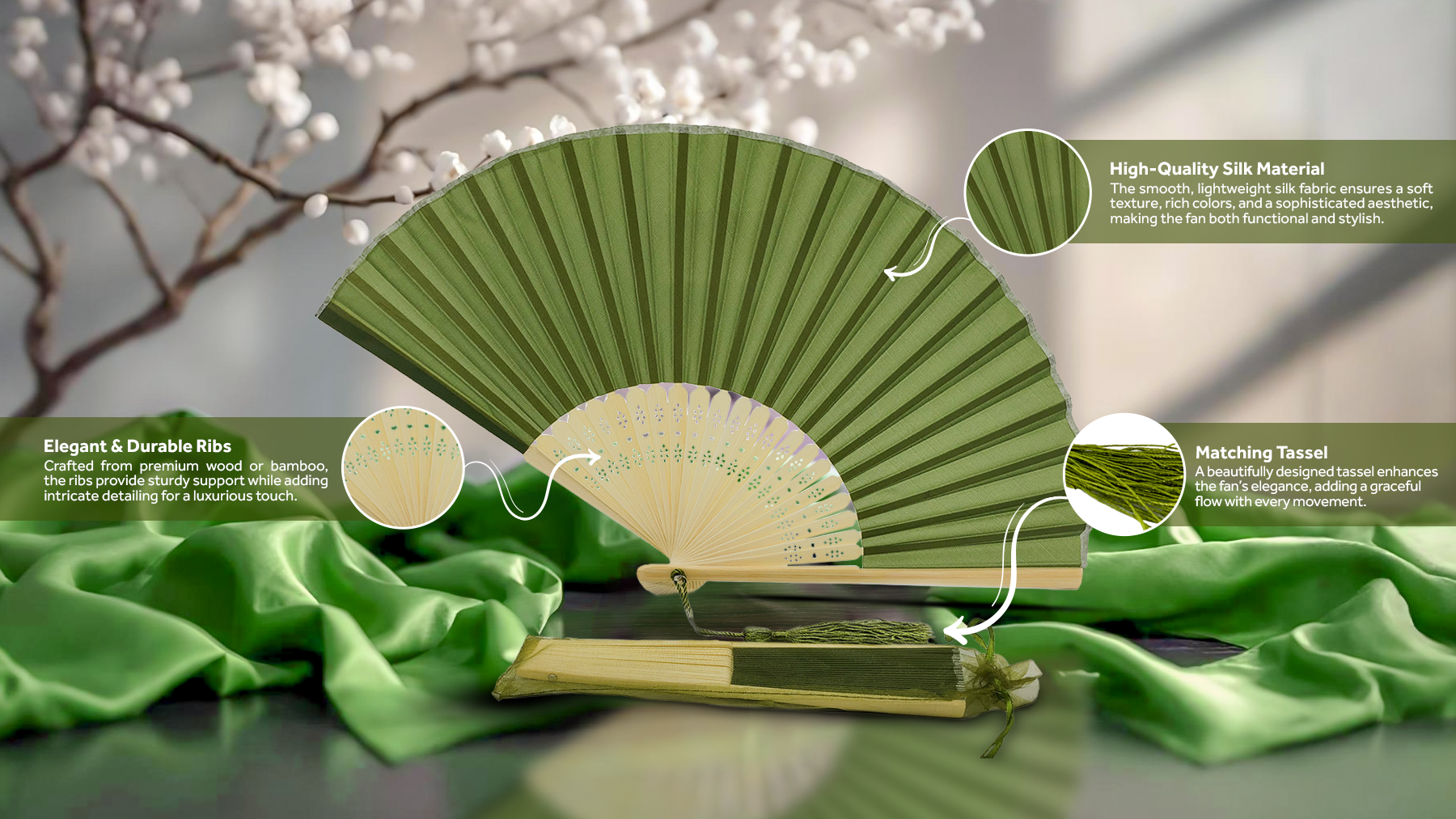 Premium green hand fan, labeled 'Exquisite,' highlighting its high-quality craftsmanship and unique design features that distinguish it as a premium product.