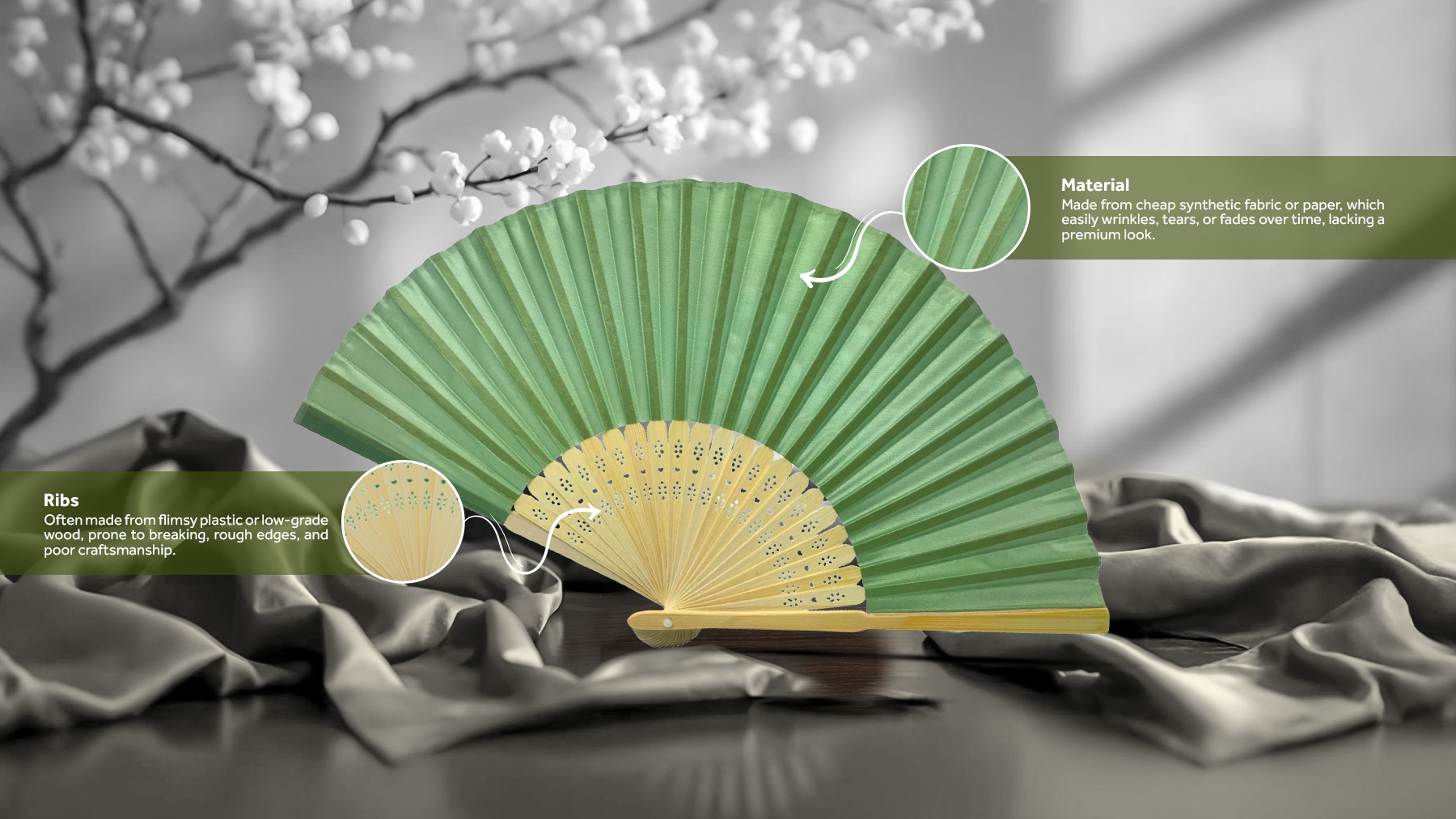Low-quality (Ordinary) hand fan, showing rough craftsmanship, flimsy materials, and lack of intricate design details, highlighting why it falls short in comparison to premium options.