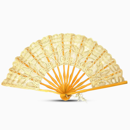 A cream color Battenburg lace hand fan, elegantly designed with intricate lace detailing along the edges.