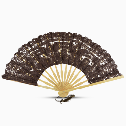 A brown Battenburg lace hand fan, elegantly designed with intricate lace detailing along the edges.