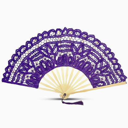 A royal purple Battenburg lace hand fan, elegantly designed with intricate lace detailing along the edges.
