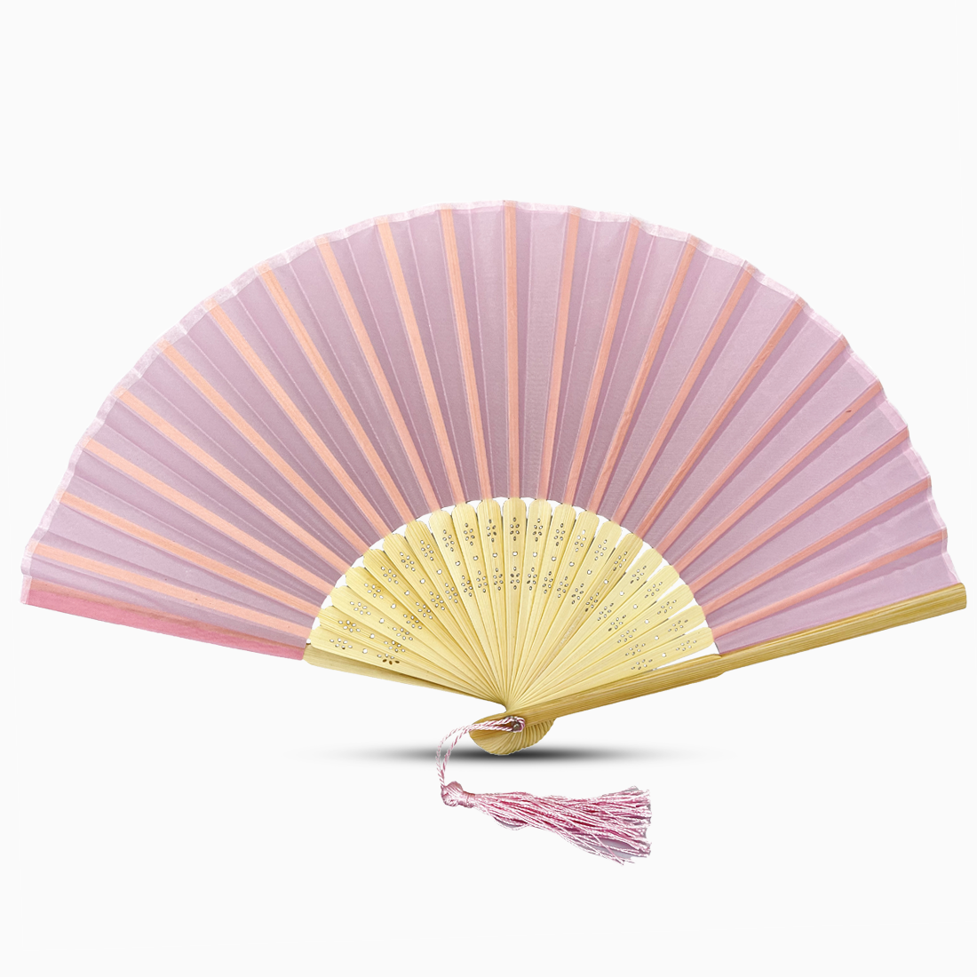 A Baby Pink fabric fan with a tassel, showcasing a solid color design.