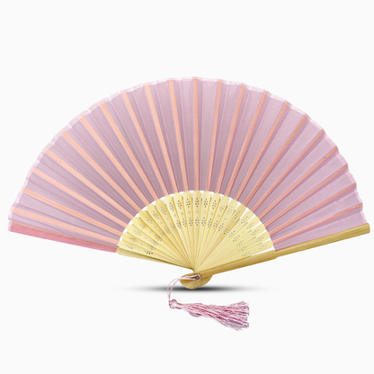 A Baby Pink fabric fan with a tassel, showcasing a solid color design.