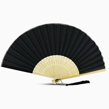 A Black fabric fan with a tassel, showcasing a solid color design.
