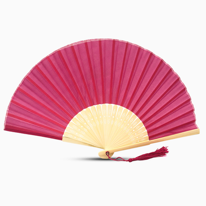 A Deep Pink fabric fan with a tassel, showcasing a solid color design.