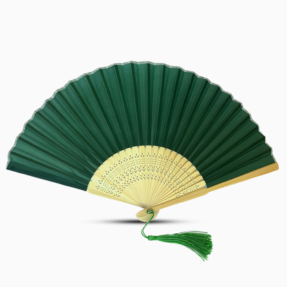 A Emarald Green fabric fan with a tassel, showcasing a solid color design.