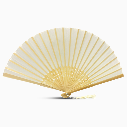 A Ivory Beige fabric fan with a tassel, showcasing a solid color design.