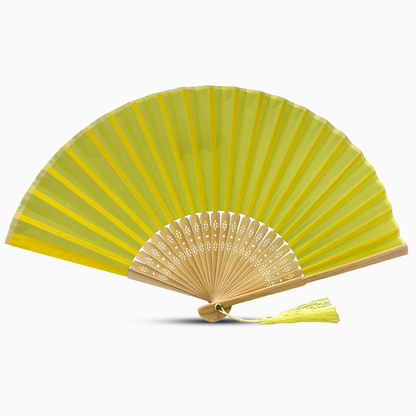 A Lemon Yellow fabric fan with a tassel, showcasing a solid color design.