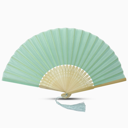 A Light Turquoise fabric fan with a tassel, showcasing a solid color design.