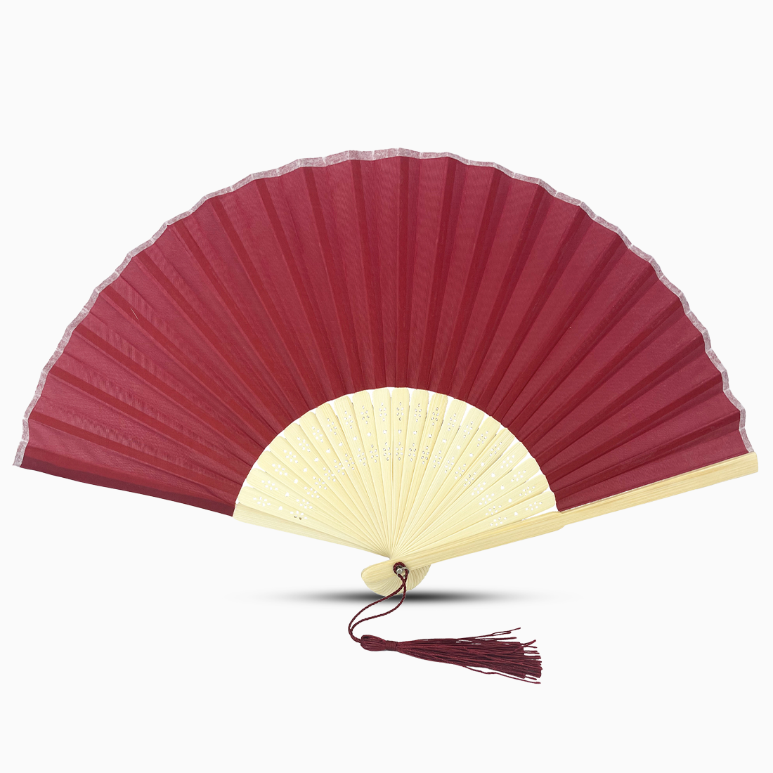 A Maroon Red fabric fan with a tassel, showcasing a solid color design.