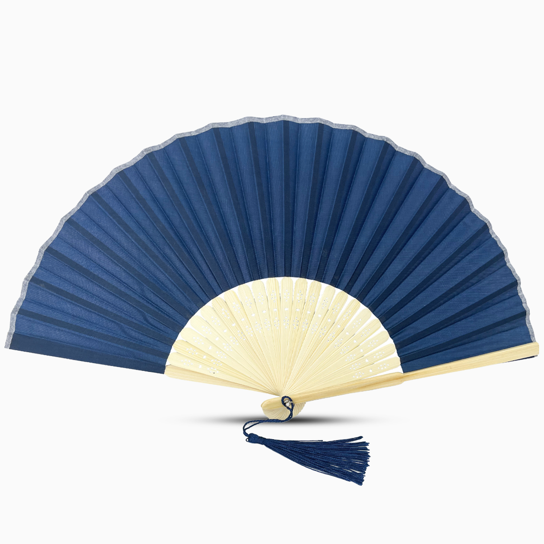 A Navy Blue fabric fan with a tassel, showcasing a solid color design.
