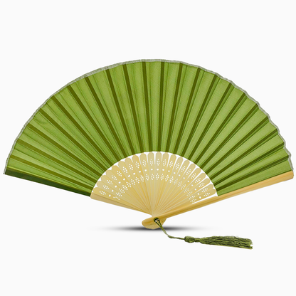 A Olive Green fabric fan with a tassel, showcasing a solid color design.
