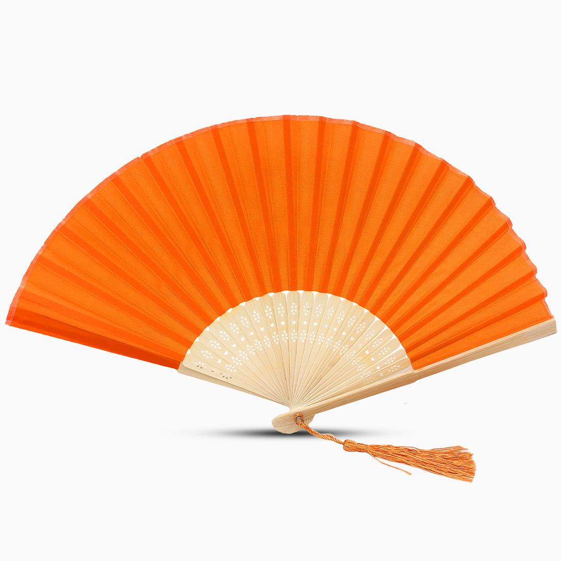 A orange fabric fan with a tassel, showcasing a solid color design.