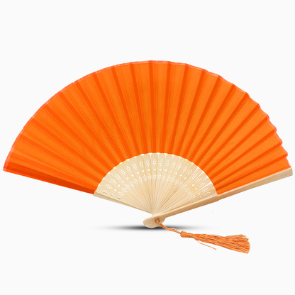 A orange fabric fan with a tassel, showcasing a solid color design.