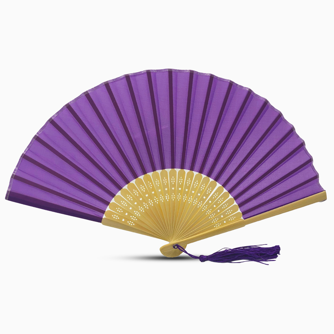 A Royal Purple fabric fan with a tassel, showcasing a solid color design.