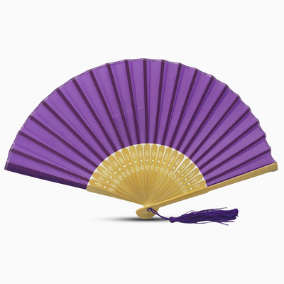 A Royal Purple fabric fan with a tassel, showcasing a solid color design.#solid_fabric-purple