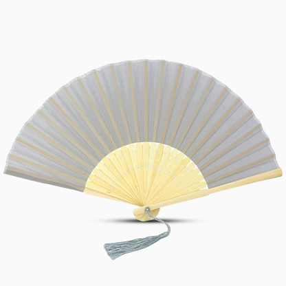 A Silver Gray fabric fan with a tassel, showcasing a solid color design.