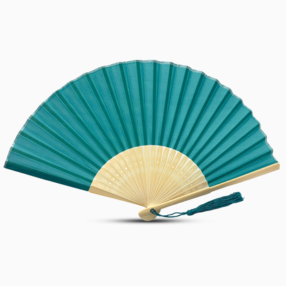 A Dark Turquoise fabric fan with a tassel, showcasing a solid color design.