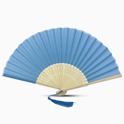 A true blue fabric fan with a tassel, showcasing a solid color design.