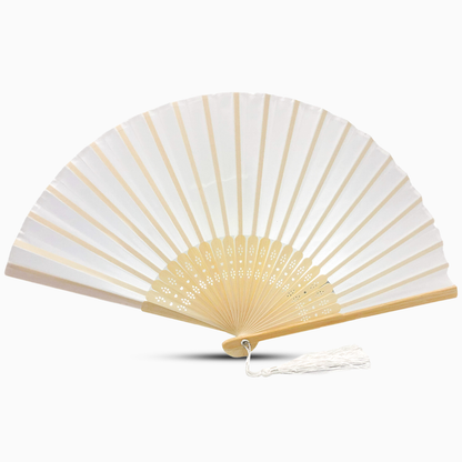 A white fabric fan with a tassel, showcasing a solid color design.