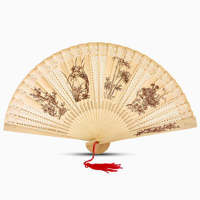 Sandalwood fan featuring an intricate Flowers design, showcasing elegant craftsmanship and natural materials.