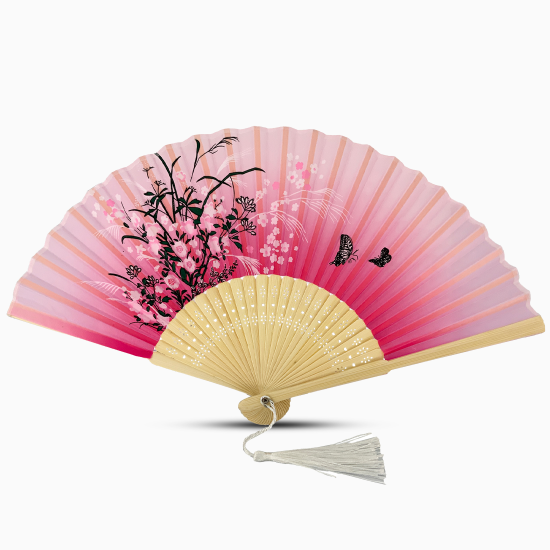 A Dark Pink hand fan with a wooden rib, featuring a Garden Blossom design.