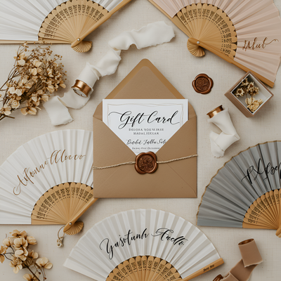 Elegant gift card surrounded by custom handmade fabric hand fans with personalized designs, displayed on a soft neutral background with minimal natural decor.
