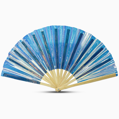 Stylish glowing fan with a natural bamboo handle, part of the Raveglow series, ideal for vibrant events and gatherings.