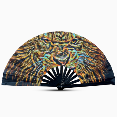 Stylish lion print fan with a black handle, part of the Raveglow series, ideal for vibrant events and gatherings.