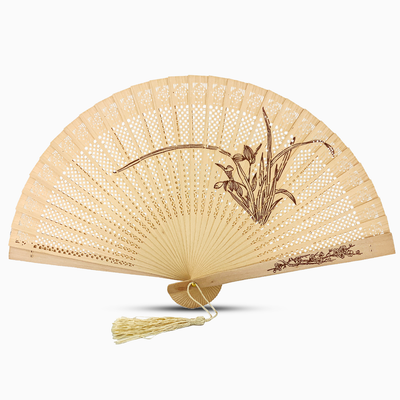 Sandalwood fan featuring an intricate Grass design, showcasing elegant craftsmanship and natural materials.