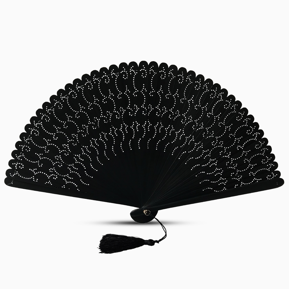 A black wooden hand fan with hollow-out carvings and a tassel on the side, elegantly displayed.