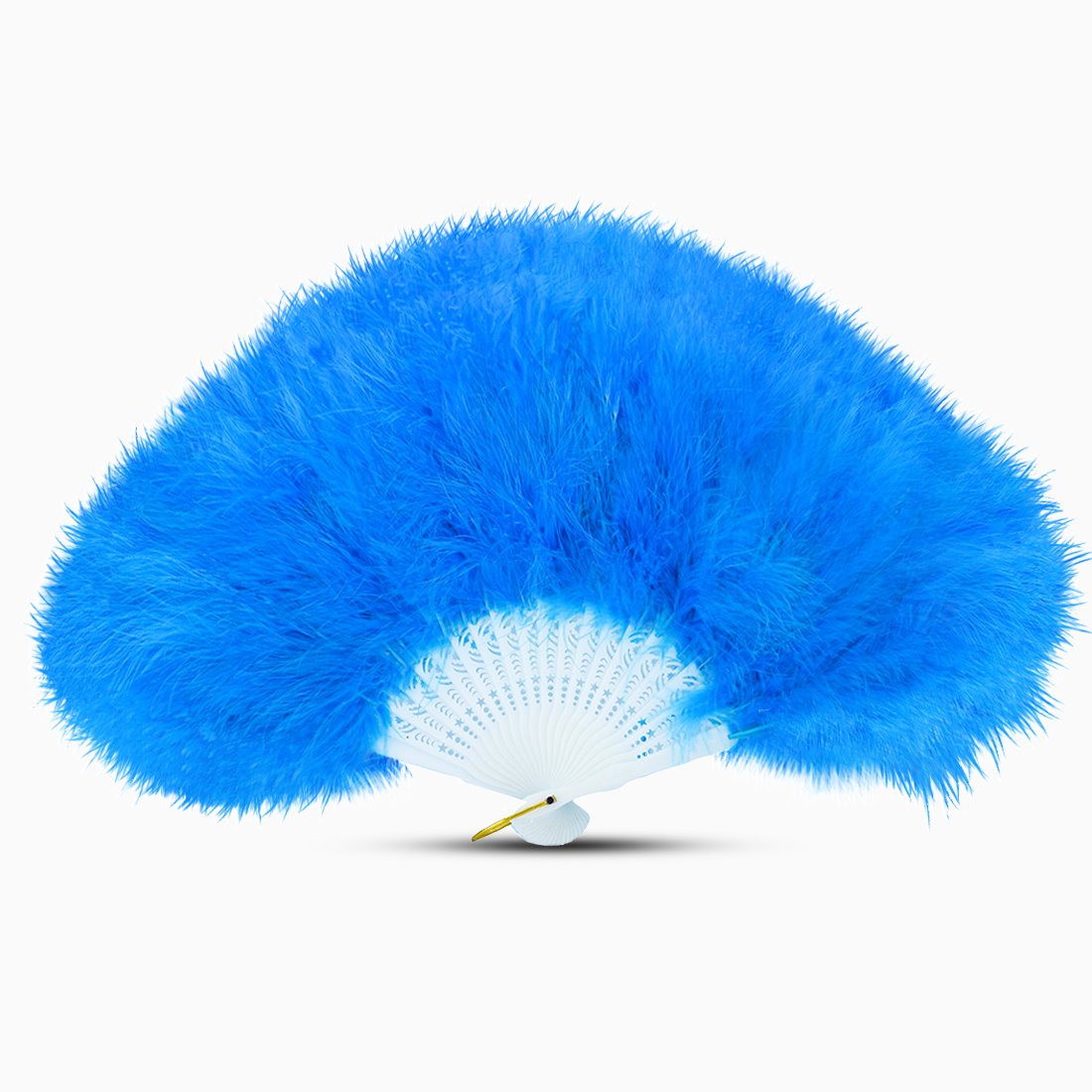 A Blue marabou feather fan displayed against a clean white background.