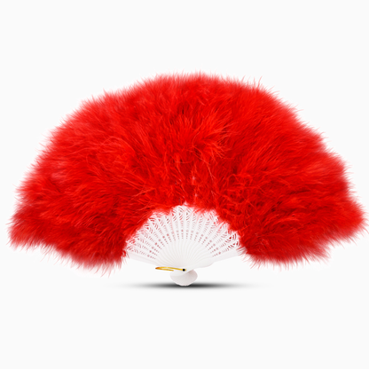 A Red marabou feather fan displayed against a clean white background.