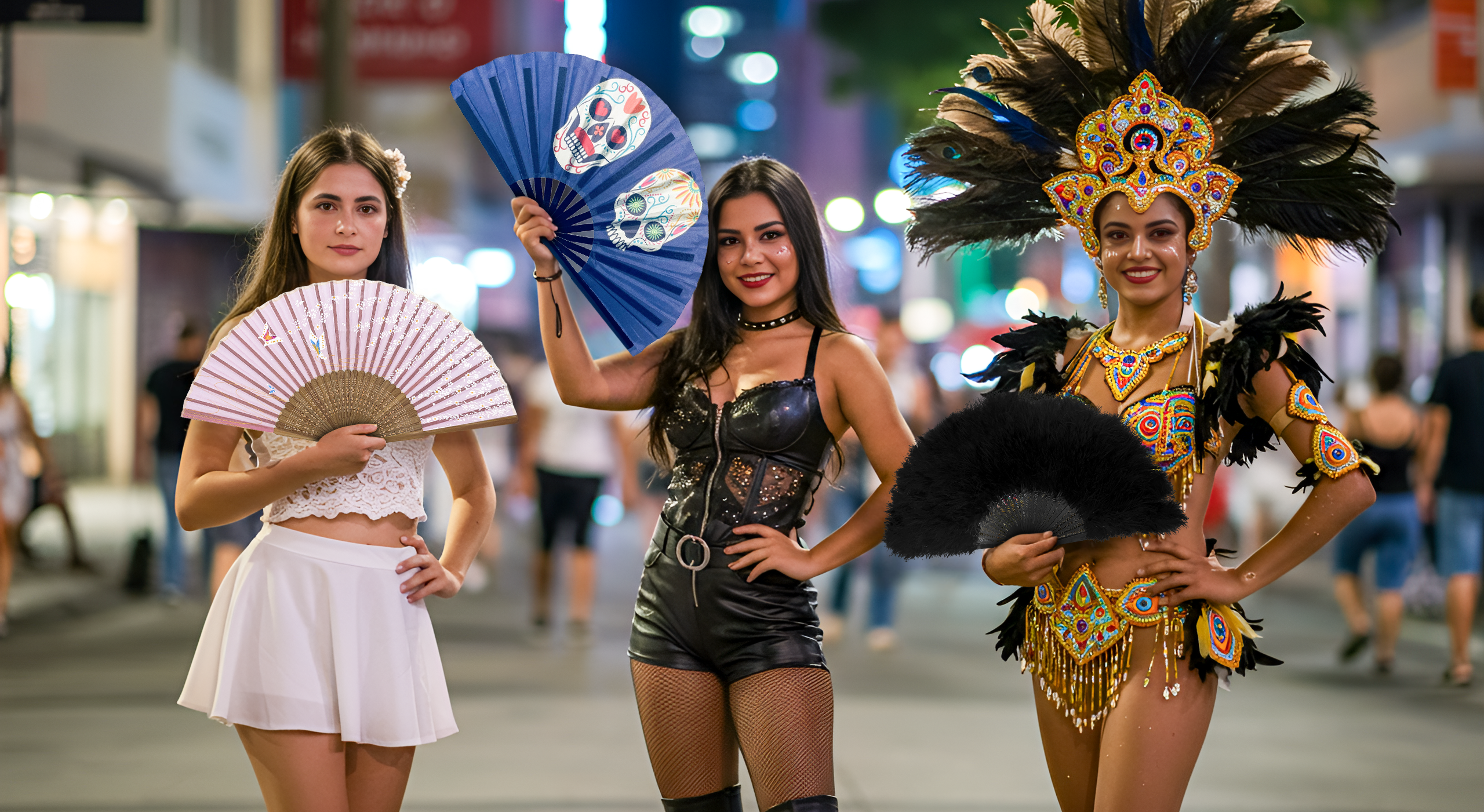 Three women in colorful costumes and feathers, elegantly holding fans, posing together in a festive atmosphere.