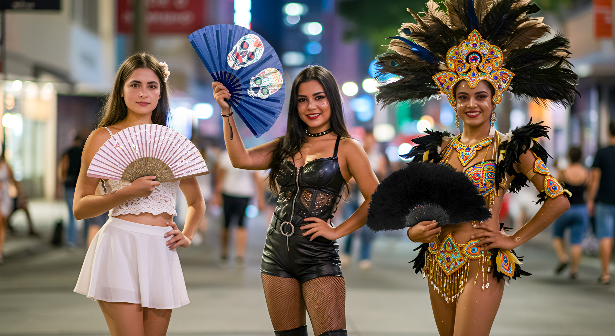 Three women pose confidently on a lively city street at night, each holding a decorative hand fan. The woman on the left wears a white lace crop top and skirt, holding a pink sparkly fan. The woman in the center wears a black leather outfit with a choker and holds a navy blue fan featuring colourful sugar skull designs. The woman on the right is dressed in a vibrant, feathered carnival costume with elaborate beadwork and a headdress, holding a black feather fan. The background is filled with glowing lights 
