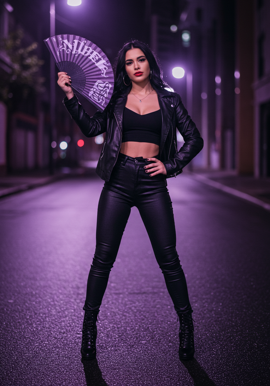 A woman dressed in leather pants and a black jacket elegantly holds a hand fan, showcasing her stylish look.
