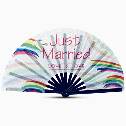 Stylish just married print fan with a black handle, part of the Raveglow series, ideal for vibrant events and gatherings.