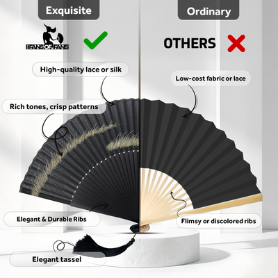 Side-by-side comparison of two folding fans: on the left, an 'Exquisite' fan by Fans of Fans featuring high-quality lace or silk, rich tones, elegant and durable ribs, and a black tassel; on the right, an 'Ordinary' fan labeled 'Others' made of low-cost fabric, flimsy or discoloured ribs, and lacking detailed patterns. Visual highlights contrast product quality