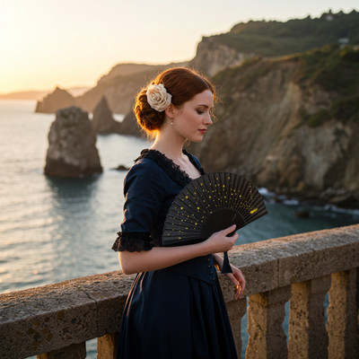 Elegant woman with red hair styled in a bun adorned with a cream rose, wearing a navy blue vintage-style dress, holding a black folding fan with golden star details. She stands on a stone balcony overlooking dramatic coastal cliffs and a calm sea at sunset