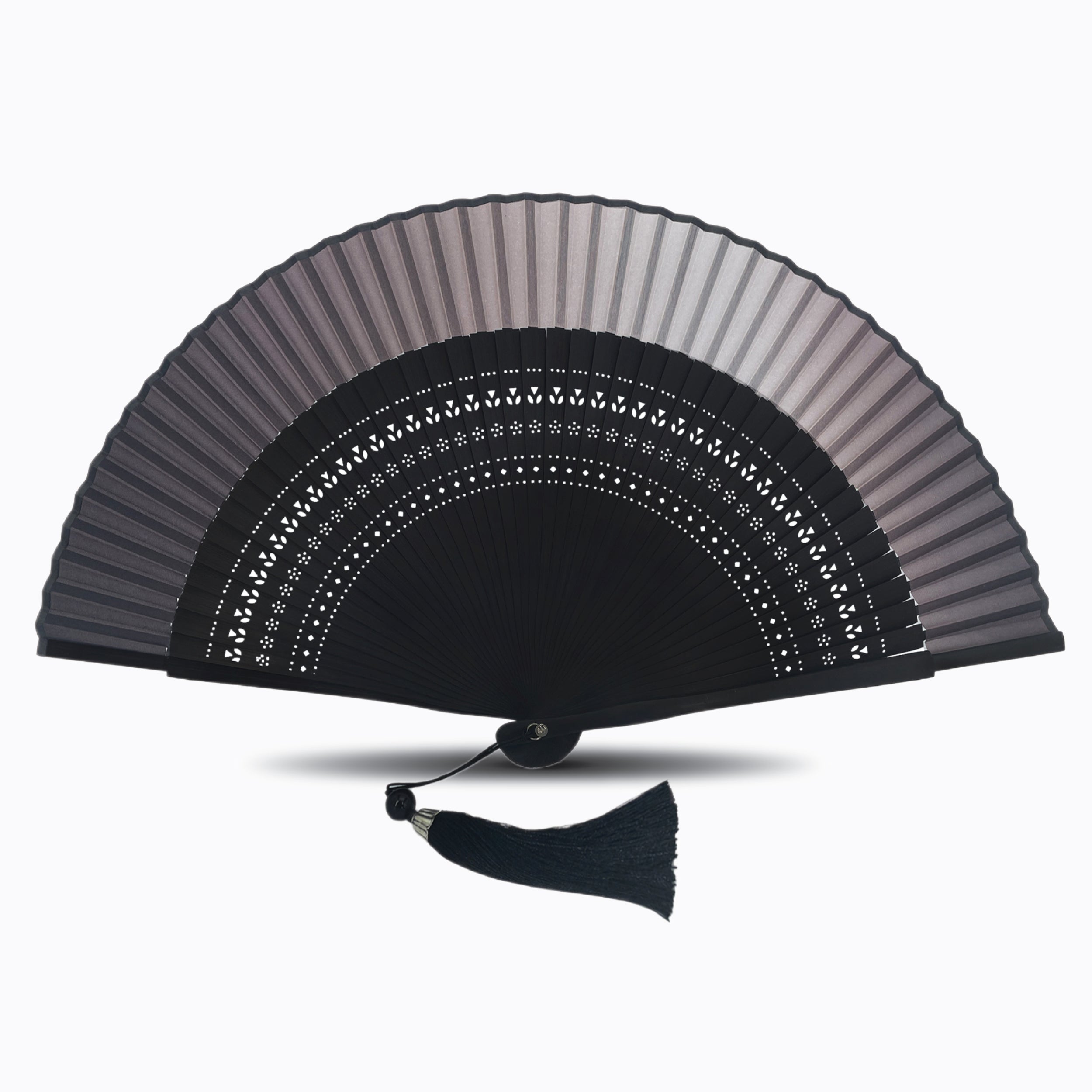Dark Gray folding hand fan with black hollow-carved bamboo ribs and matching brown tassel, displayed open on a white background